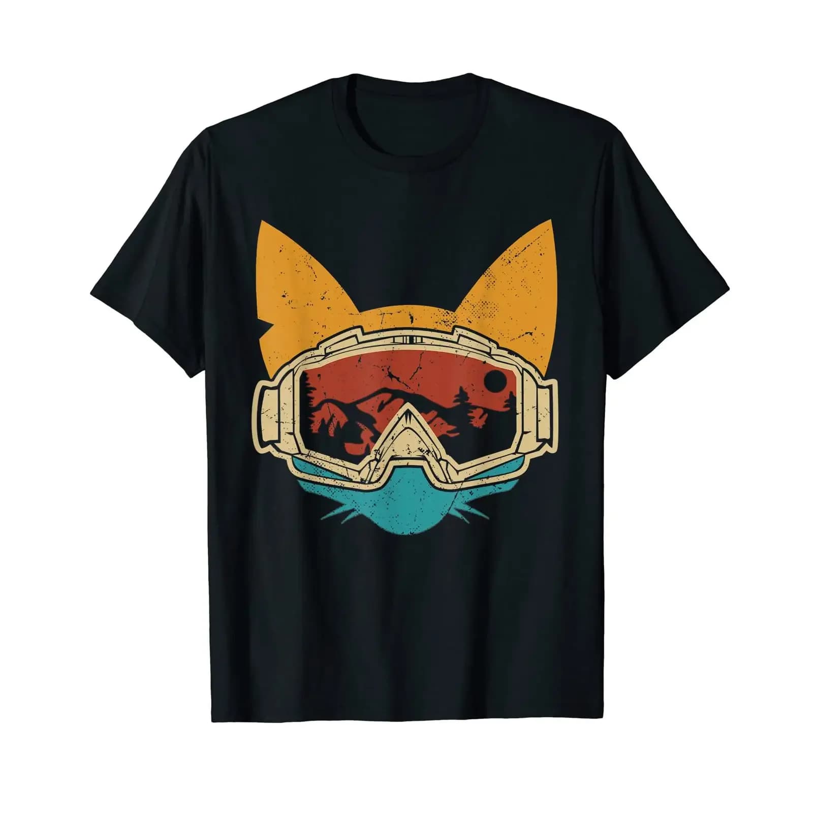 Maglietta Ski Cat con occhiali da sci, vintage, effetto lavato, abbigliamento firmato, moda casual, elegante, traspirante, versatile, uomo, unisex