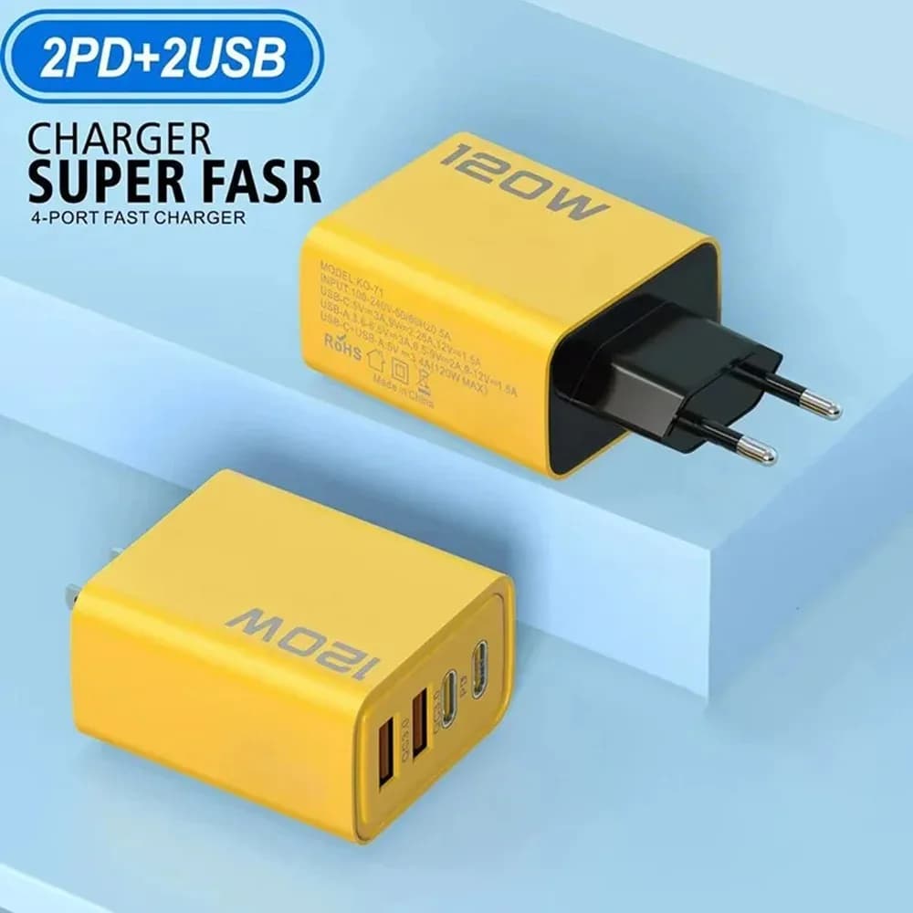 Adapter from USB Wall Type C to 4 Ports of 120W Total for Quick Charging of Cell Phones