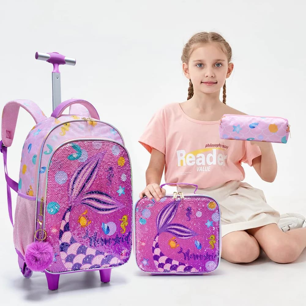 BLING BABIES 3PCS Set Rolling Backpack For Girls, Cute Cartoon Mermaid Sequin Wheeled Bookbag For Elementary Students