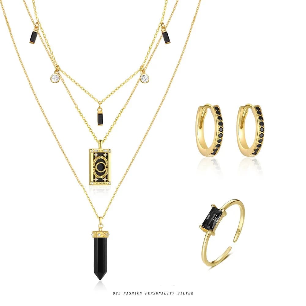 Collana con tarocchi in argento puro S925 con set di colonne esagonali in cristallo di zircone, orecchini ad anello in zircone nero per donna