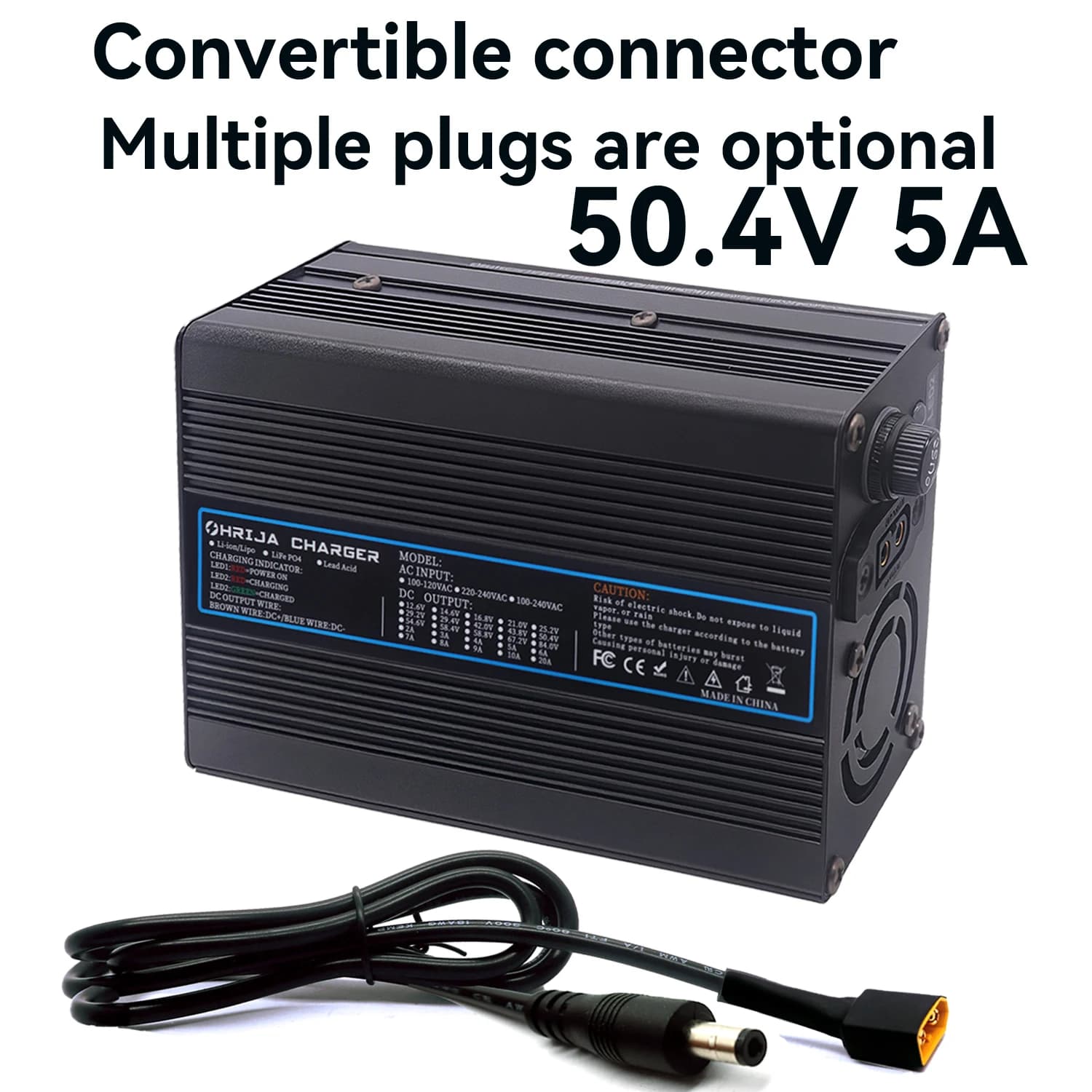 Connettore staccabile 50.4V 5A Custodia in alluminio Batteria al litio Caricatore rapido per 48V 12S Eries Caricabatteria al litio Ventola di raffreddamento
