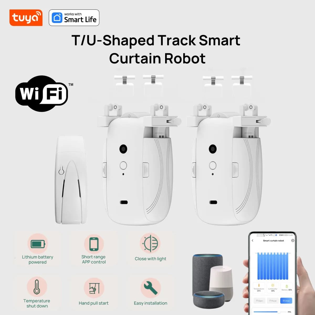 Robot per tende WiFi intelligente Tuya (con gateway), telecomando APP, controllo vocale, accessori inclusi per binari per tende T/U