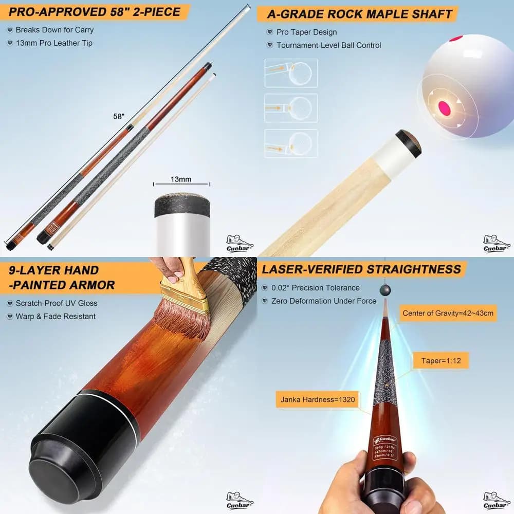 Set di 4 58 stecche per biliardo in acero in due pezzi in 4 colori, pesi da 18-21 once, punte da 13 mm, impugnature in lino, include 2 gessi per uso su barra
