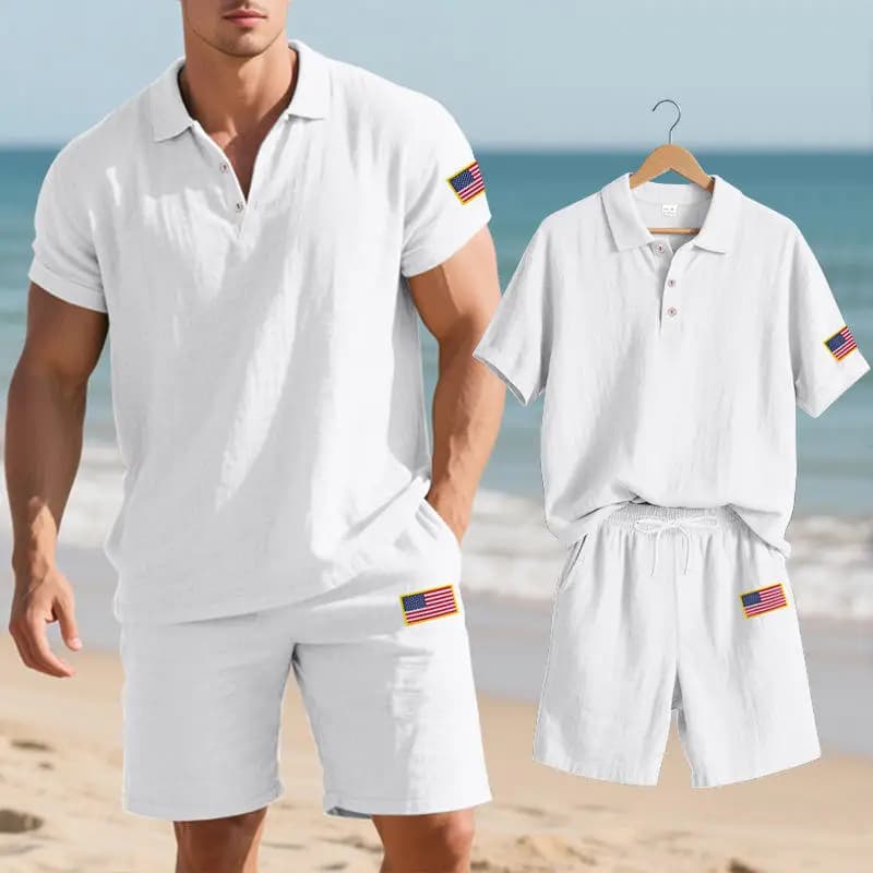 Completo Estivo da Uomo in Lino con Logo del Giorno dell'Indipendenza, Camicia a Maniche Corte e Pantaloncini da Spiaggia