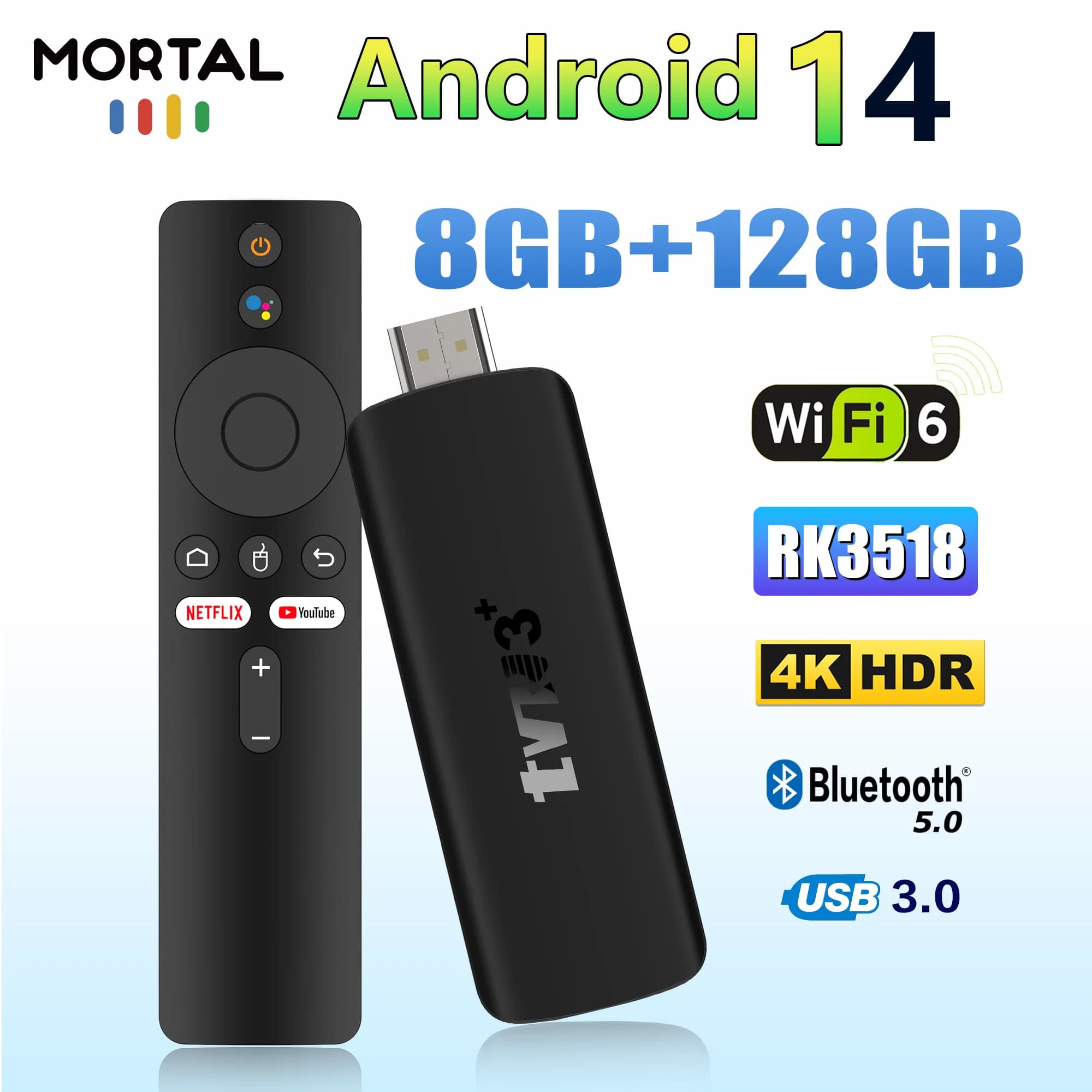 Smart TV Stick Android 16 Google Voice Chromecast Wifi6 BT5.0 4K HDR HDMI Video Rockchip 3518 8GB 128GB TVR3+ Streaming TV Box