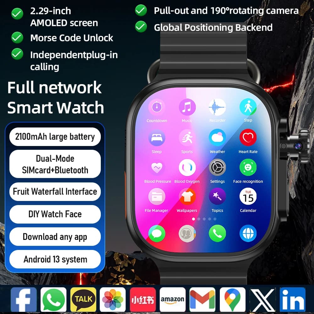 Smartwatch GoldenSpike DW200 Pro 5G Android 13 con Schermo Amoled da 2,29'', Fotocamera Rotante 800W, Slot per Scheda SIM e Videochiamata