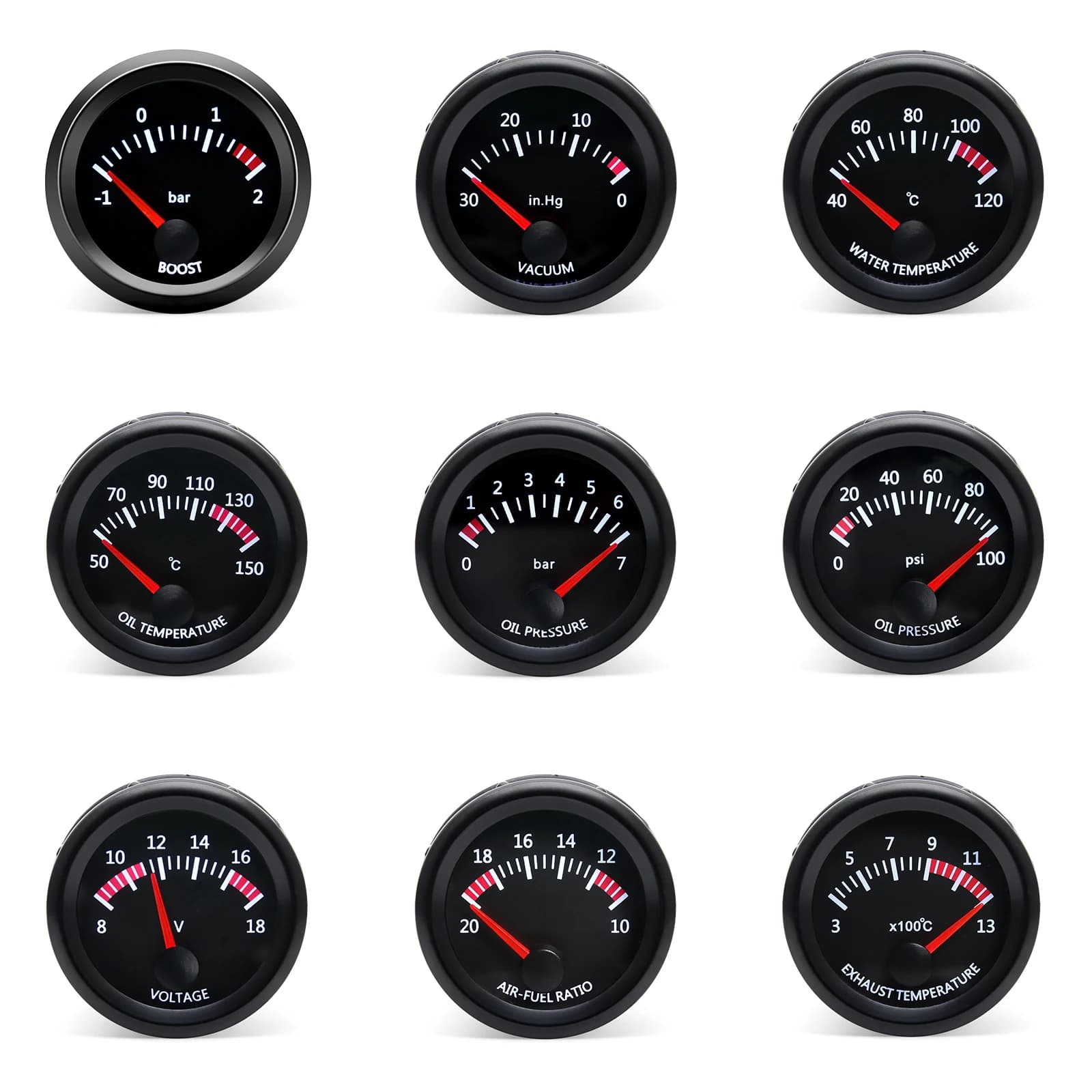 52mm Temperatura dell'acqua/Temperatura dell'olio/Voltmetro/Porta dell'olio BAR PSI/Vuoto/Indicatore boost/Ratio carburante aria/Indicatore EGT con sensore adatto per auto 12V