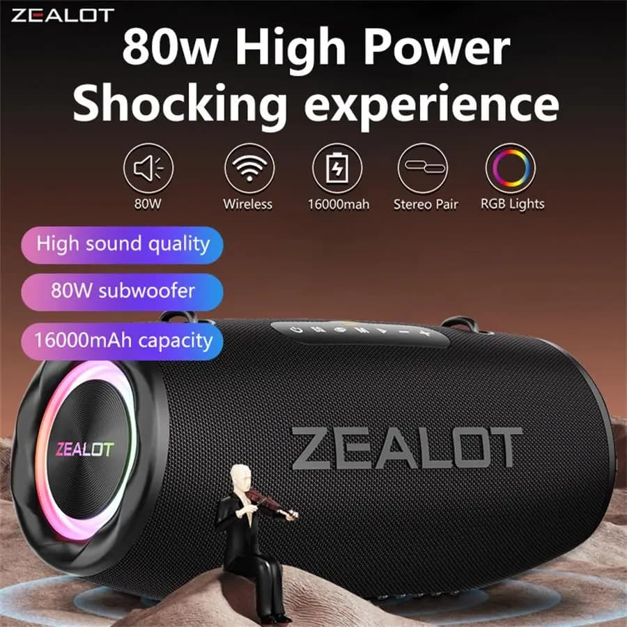 Altoparlanti Wireless ZEALOT S87 80W, altoparlante Subwoofer portatile da esterno, altoparlante Wireless, doppio accoppiamento, batteria da 16000mAh.