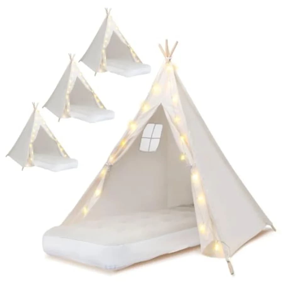 Set di 4 Tende Teepee Rinforzate con Luci a Stringa e Materasso Gonfiabile, Tende per Feste in Pigiama e Pernottamenti per Ragazze