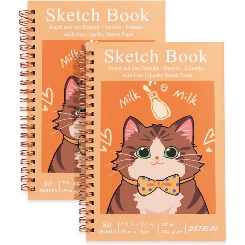 2 Pack Spiral Sketchbooks, 100 GSM Paper, 50 Sheets, 7.5" x 5.1" for Painting, Drawing, and Sketching
