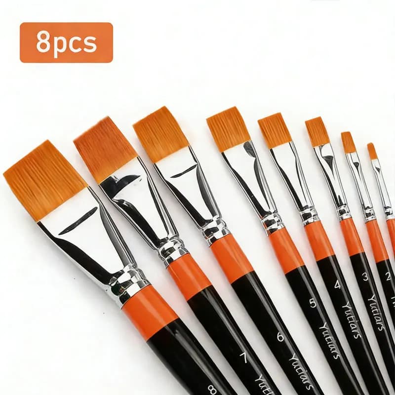 8Pcs Nylon Flat Artist Paint Brushes Set High Quality for Acrylic Oil Watercolor Gouache Artwork Creation & Practice