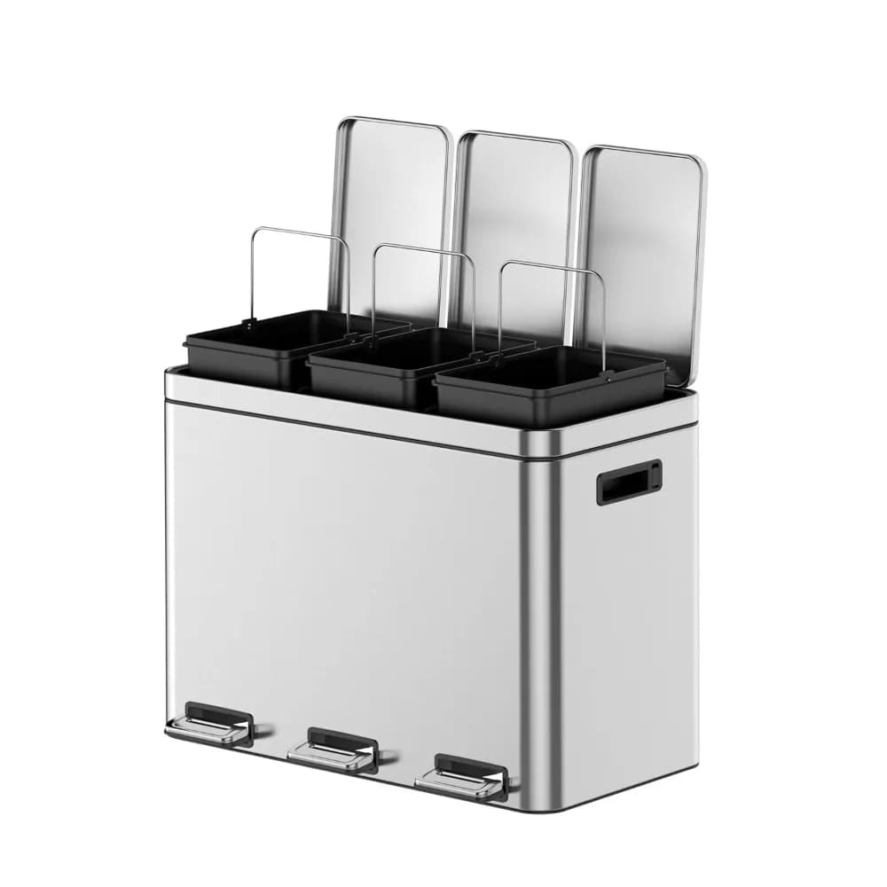 Pattumiera, pattumiera 3 x 4 gal (3 x 15 L) in acciaio inossidabile a 3 scomparti con bidone per il riciclaggio, coperchio Soft-Close, bidone della spazzatura step-on