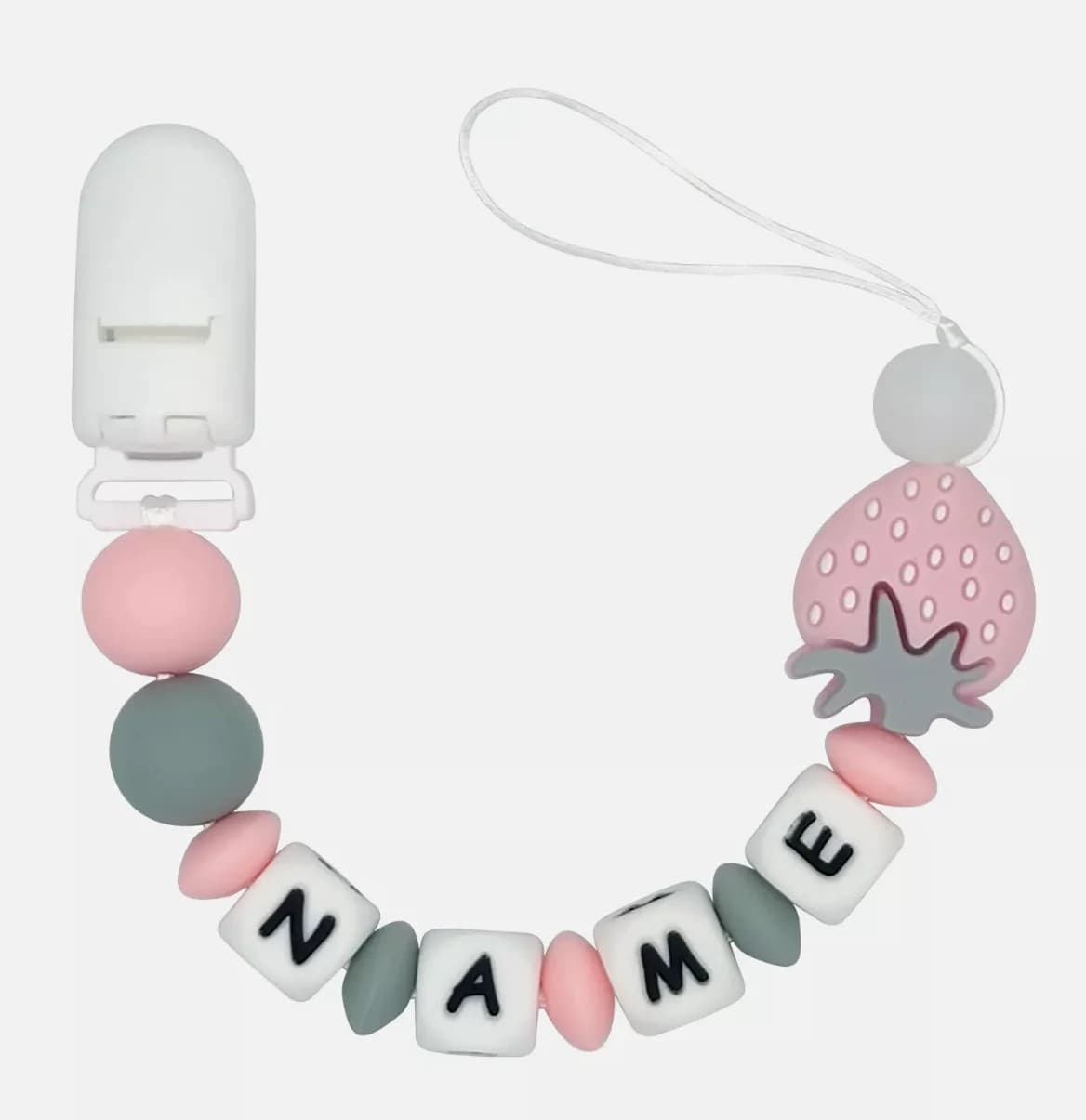 Catenelle Portaciuccio Personalizzate con Lettere Inglesi in Silicone a Forma di Fragola, Ciondoli Massaggiagengive, Regalo Kawaii per Neonati