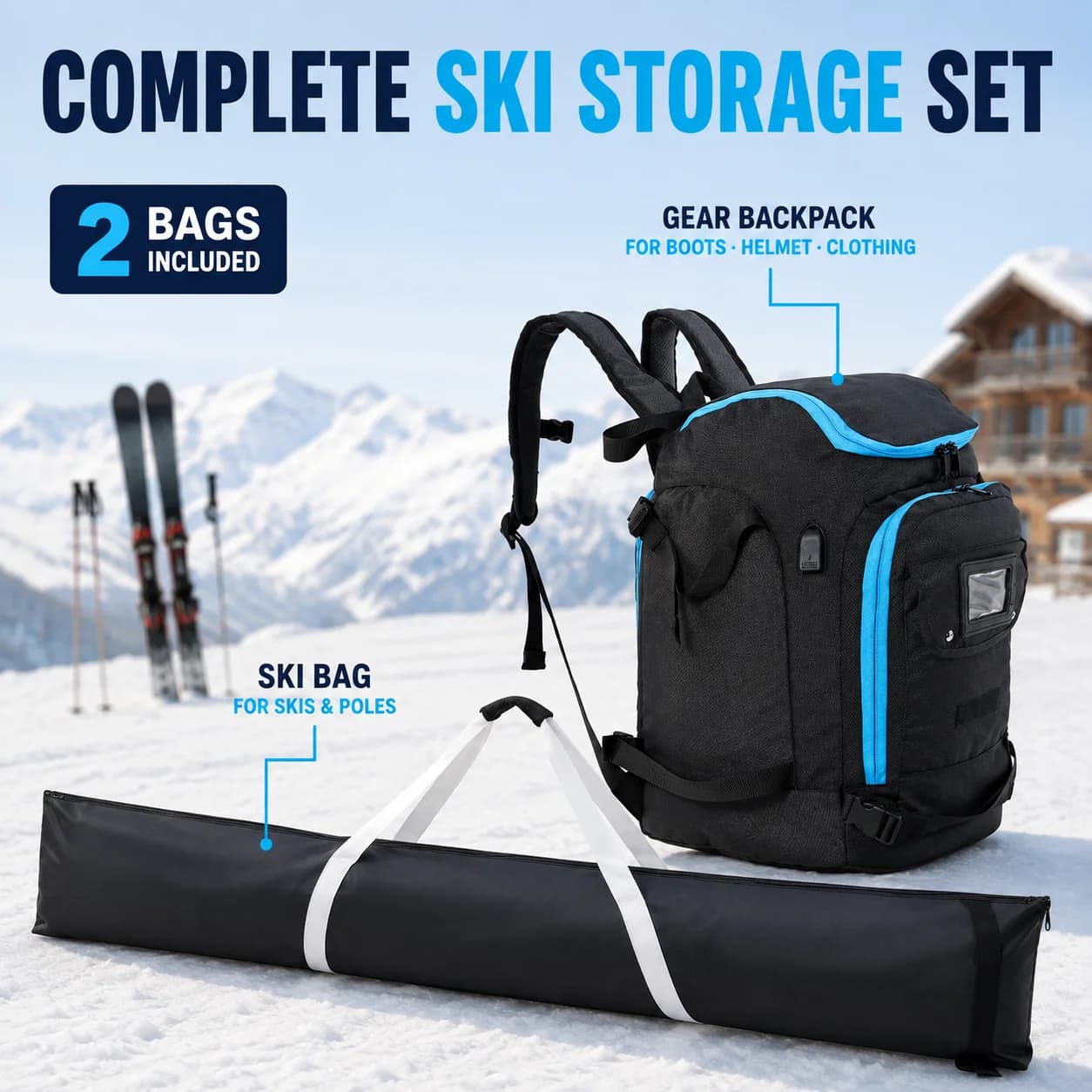 Ski Bag Set 185cm Adjustable Ski Carrier With 50L Waterproof Ski Boot Backpack Helmet Goggles Gear Travel Pack For Adults