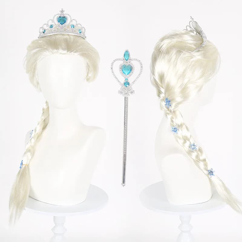 Parrucca cosplay da principessa da 70 cm, treccia dorata chiara, corona con fiocchi di neve blu, accessori per costumi da regina di Halloween, per feste in maschera e carnevale