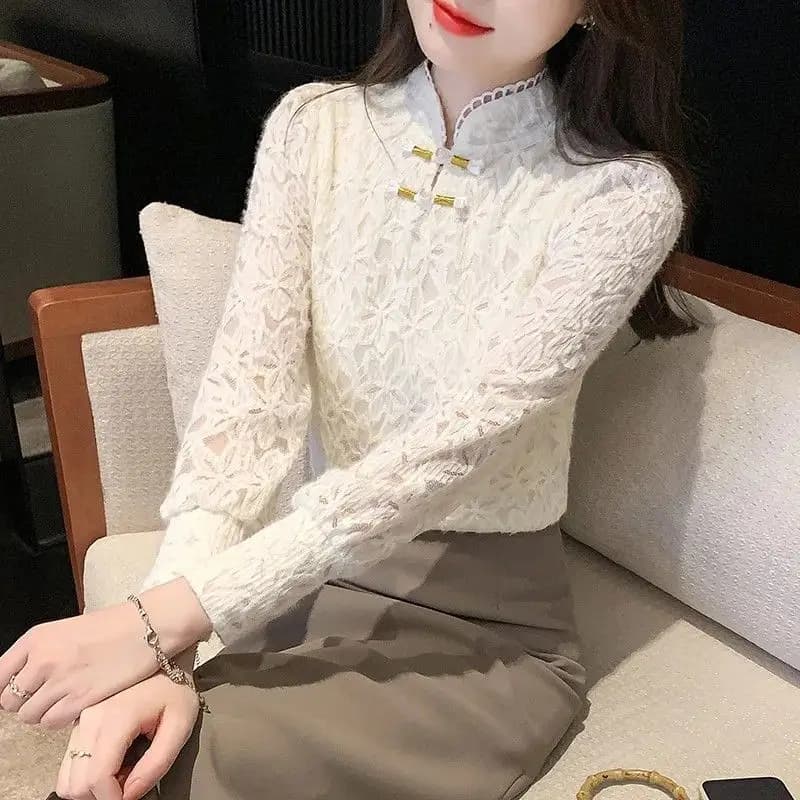 Autumn Winter Slim Fit Fce Lined Lace Base irt Women's New Thin Plant Velvet Thiened Faionable Button up Blouse