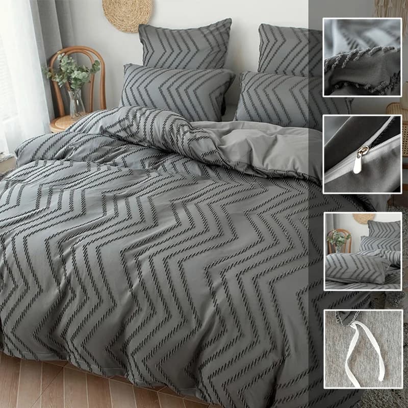 Set di Biancheria da Letto Queen Size in Stile Neutro, Copripiumino Estetico con Fiori a Onda, Morbido e Texturizzato, Chiusura con Cerniera, Stile Giapponese