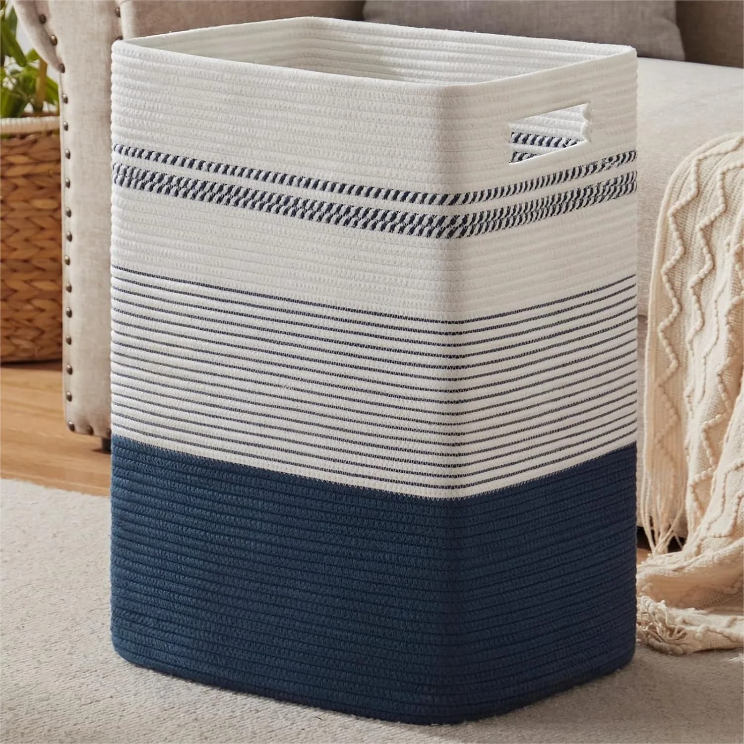 80L Cotton Rope Laundry Basket for Bedroom, Tall Hamper with Sturdy Handles, Neutral Storage Bin for Blankets and Toys