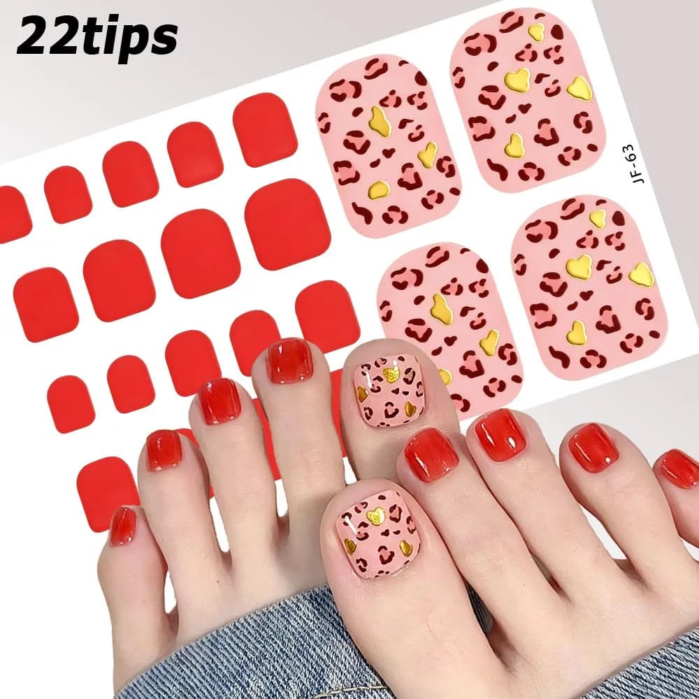 1PC/22 pieces Nail stickers with pink leopard print, red shiny strips for feet nails, self-adhesive gel stickers, summer decorations for feet nails