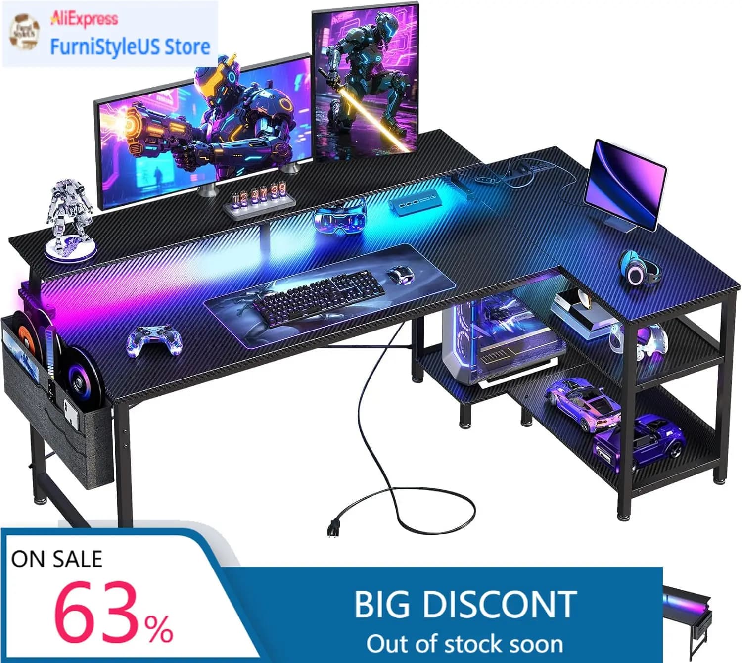 Scrivania da Gaming da 58 Pollici con Porte USB e Luci LED, Scrivania a L Reversibile con Ripiani Portaoggetti e Supporto per Monitor