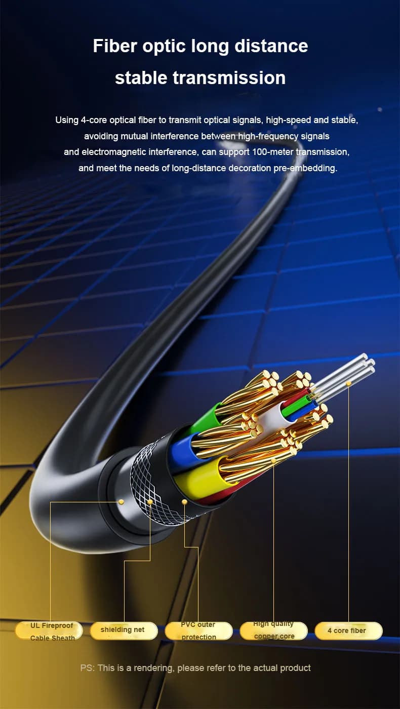 4.8 mm HDMI 2.1 fiber optic cable with 20 m 8K HDR black PVC coating for computer