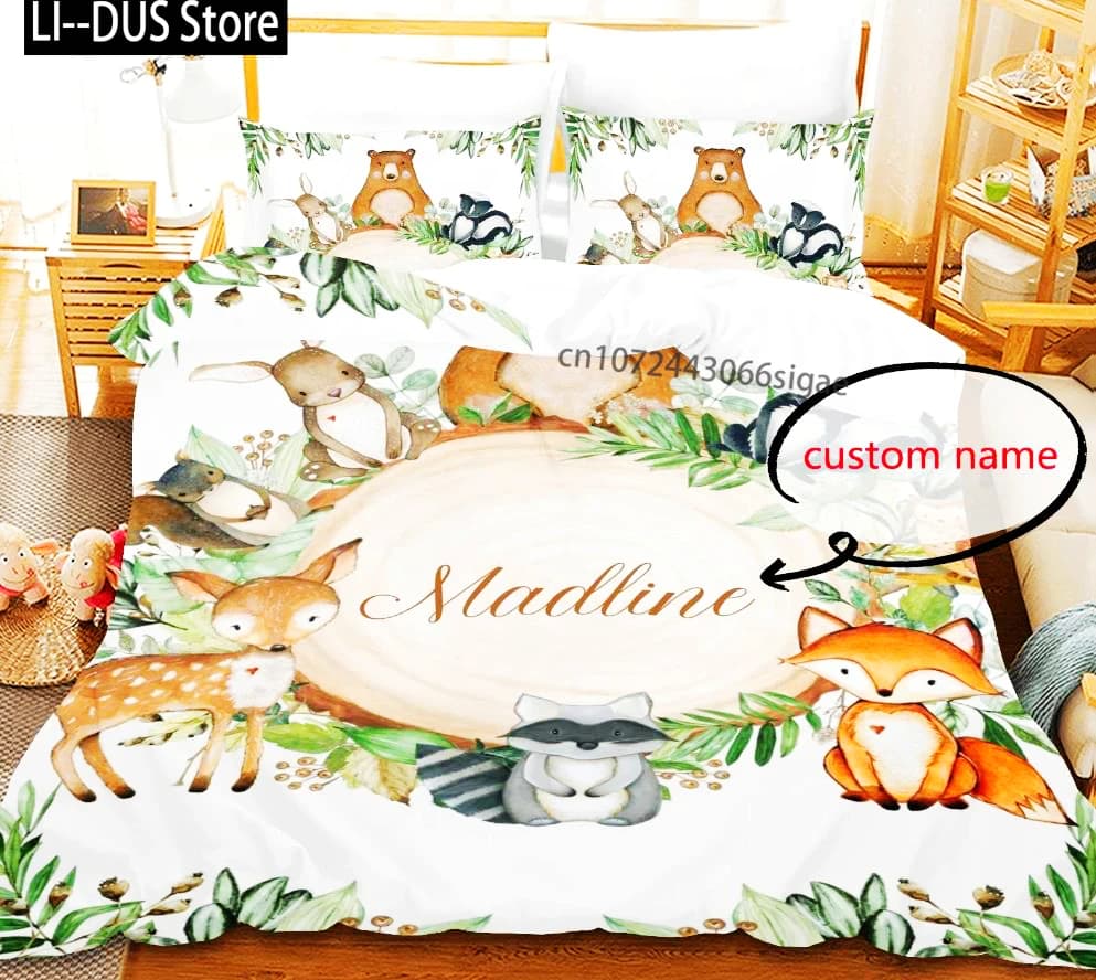 Customized Named Twin Full Queen King Cartoon Animal Bedding Set for Kids Girls Boys Birthday Wedding Gifts