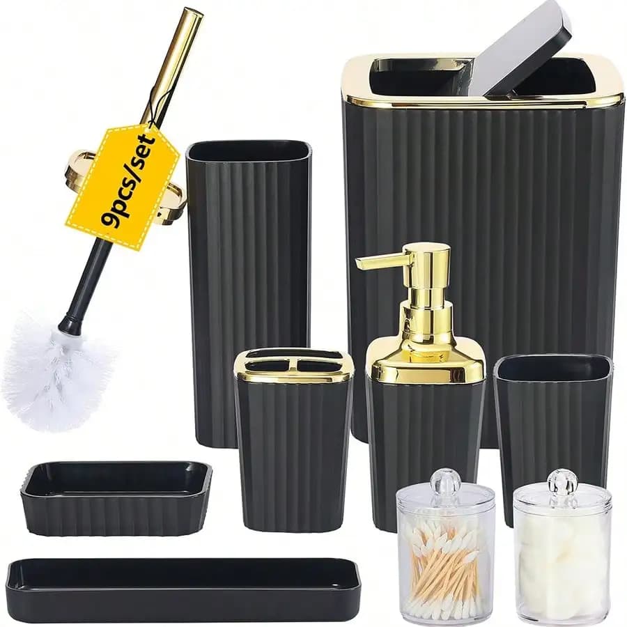 Set di accessori da bagno, set da bagno neri da 9 pezzi completi con portaspazzolino, pattumiera, dispenser per sapone e lozione