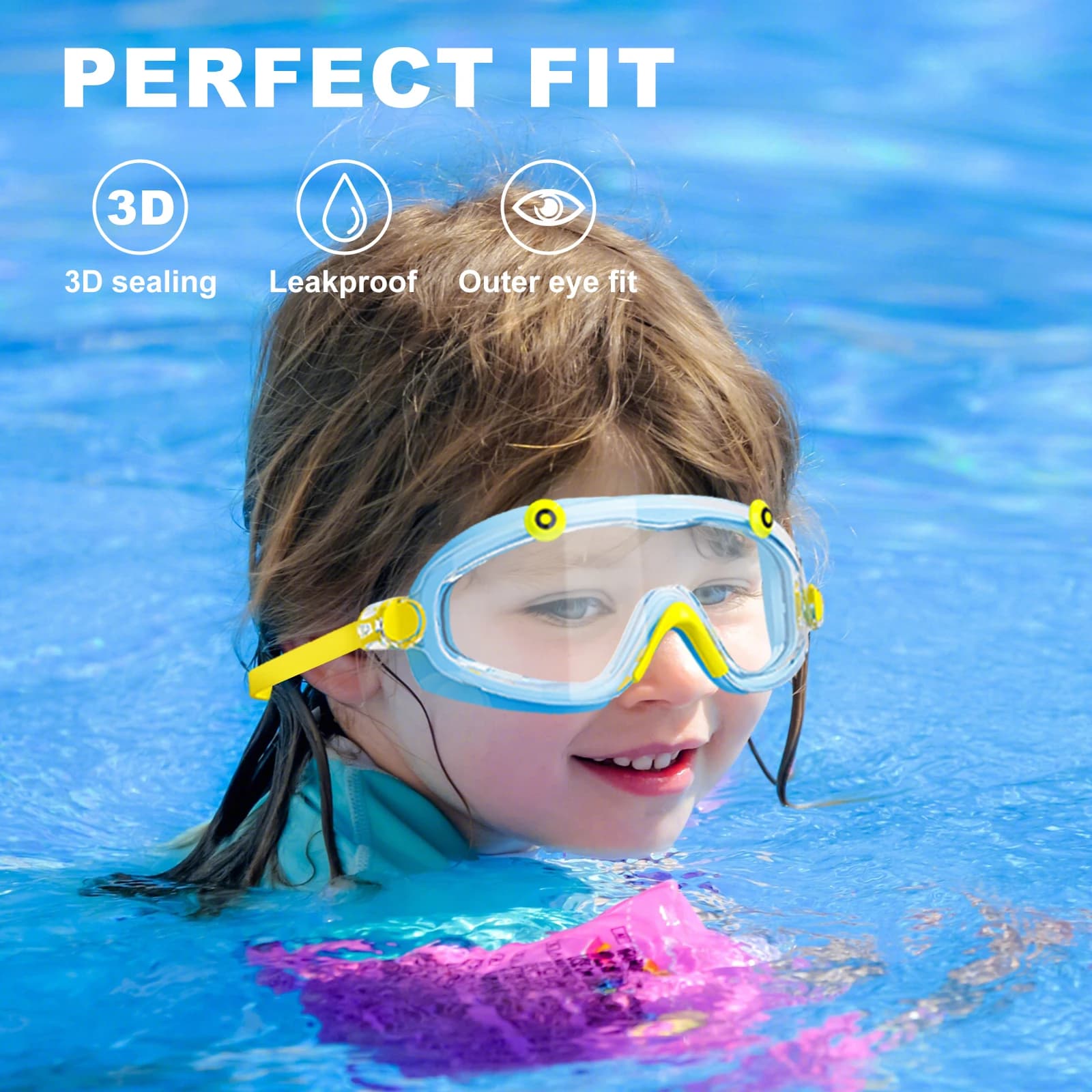 Swimwear with ear plugs for children and girls from 3 to 15 years old, with big frame, HD vision, anti-fog, without water leakage, comfortable silicone for snorkeling