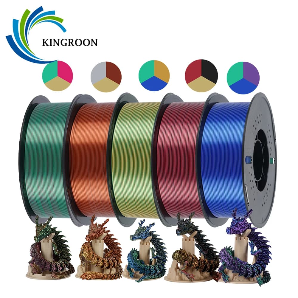Filament KINGROON Tricolor Silk PLA 1.75mm, Surface Lyscia and Setosa, 3D Printing Material, 3 Color PLA 5KG 10KG Mix