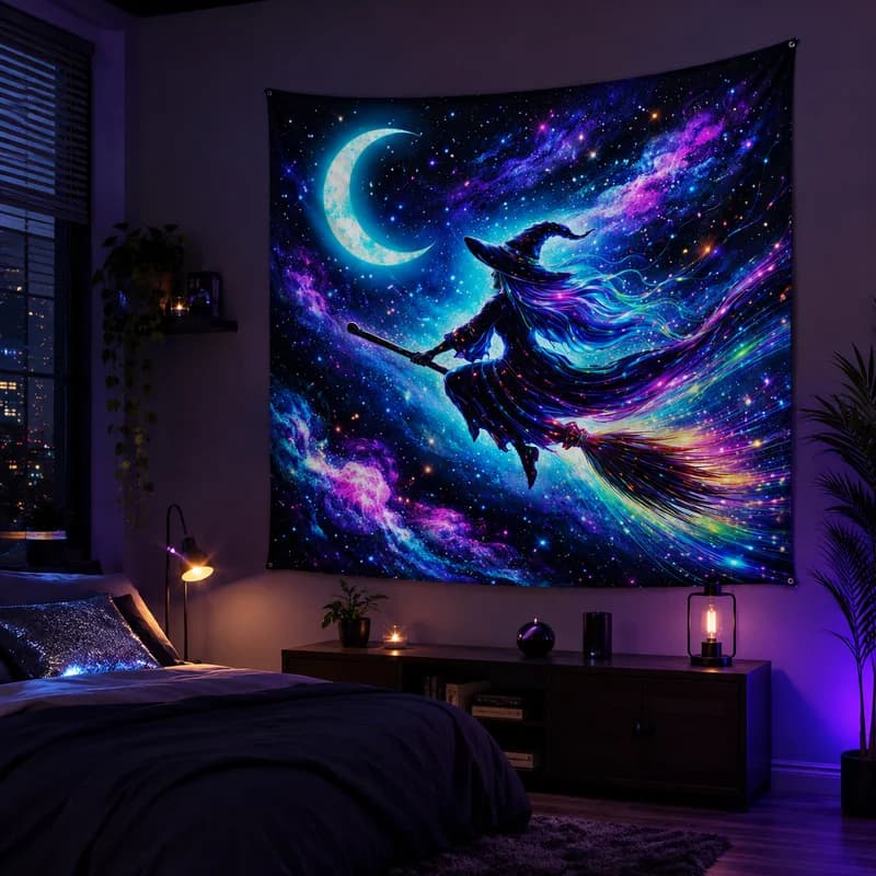 VIKAMA Witch on a Broomstick Tapestry, Moon Witch-Themed Home Decor Hanging Tapestry, Wall Decor for Bedrooms and Living Rooms