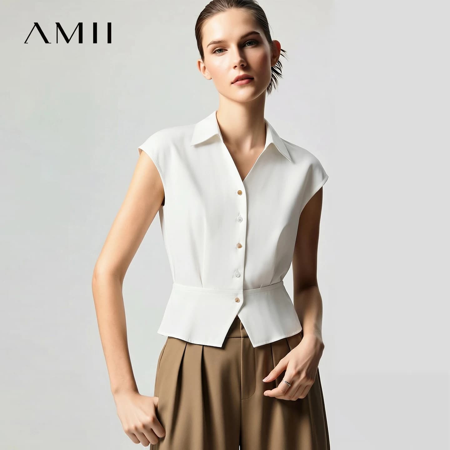 Camicetta da donna Amii 2026, nuova collezione estiva, con colletto a risvolto e maniche a cappuccio, in chiffon elasticizzato, casual da ufficio, a maniche corte 12642095