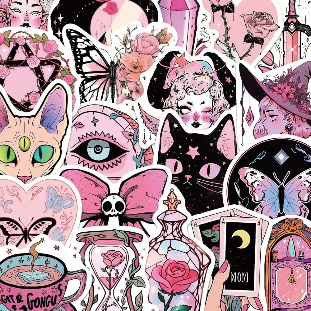 10/30/50 Pezzi Adesivi Gotici Magici Rosa, Stile Strega, Tarocchi, Decalcomanie Estetiche Carine e Cool per Skateboard e Laptop