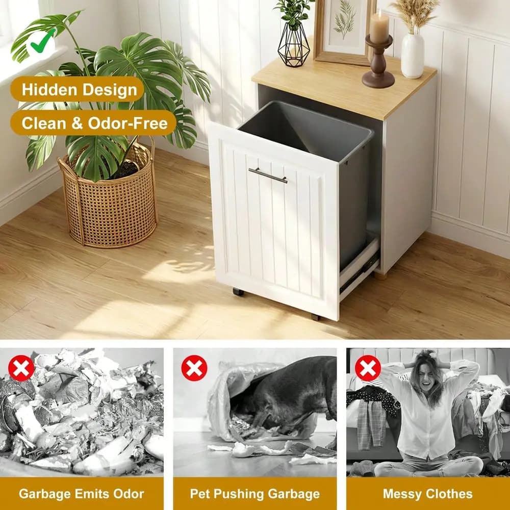 Mobiletto porta bidone per rifiuti da 10 galloni, contenitore nascosto a prova di animali domestici per rifiuti da cucina, mobiletto in legno autoportante per la raccolta differenziata