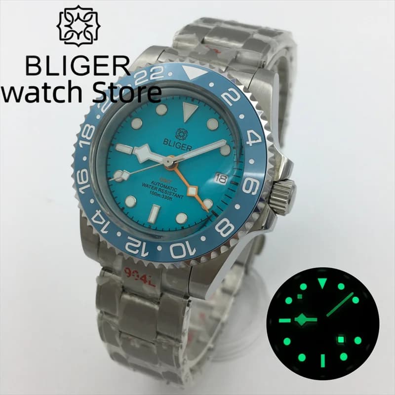 BLIGER GMT 40mm NH34A Mechanical Dive Watch Men 200M Waterproof Luminous Sky Blue Ceramic Insert Dome glass Stainless Bracelet