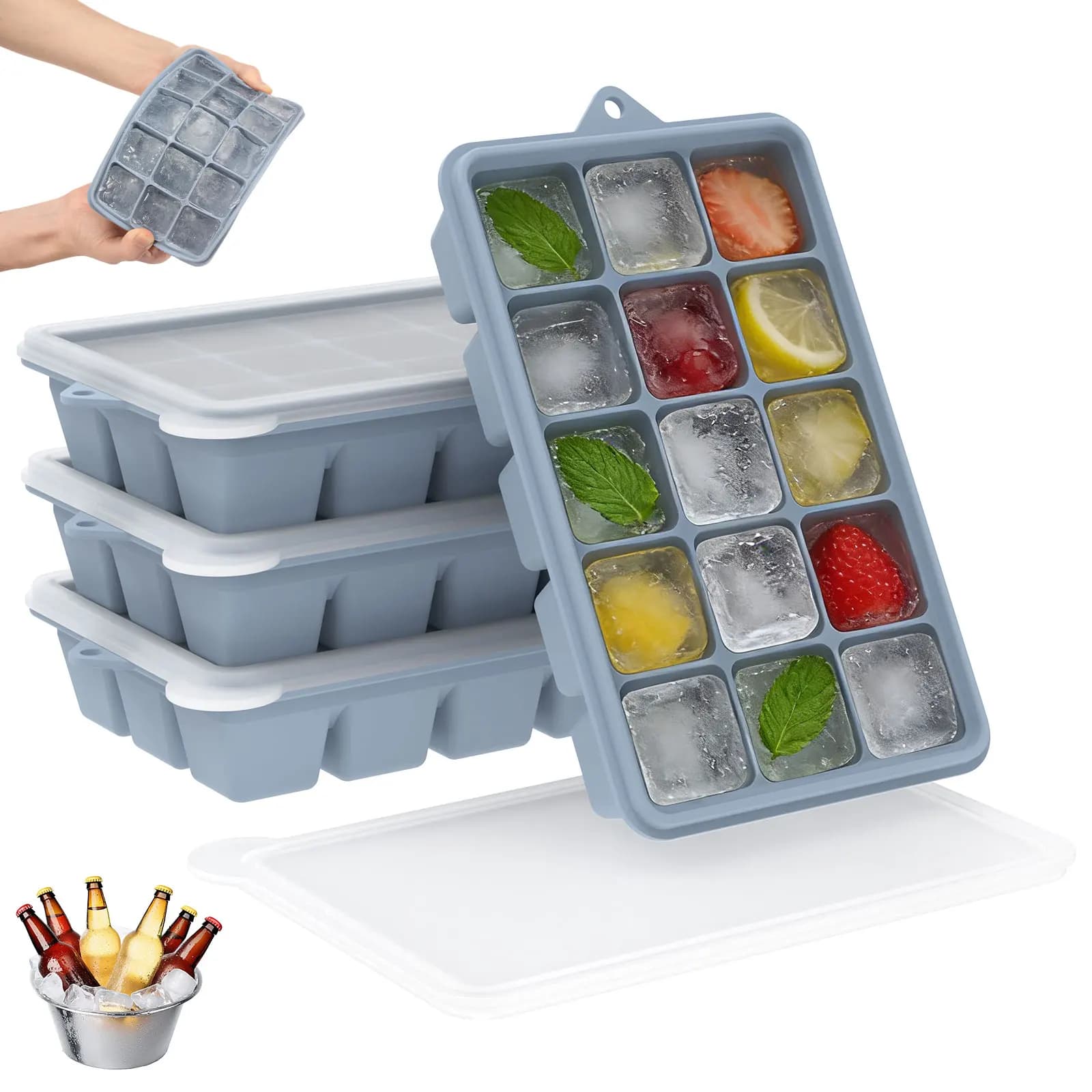 4 Confezioni di Stampi per Cubetti di Ghiaccio in Silicone con Coperchio, 15 Scomparti, Facile Rilascio, per Cocktail e Whisky