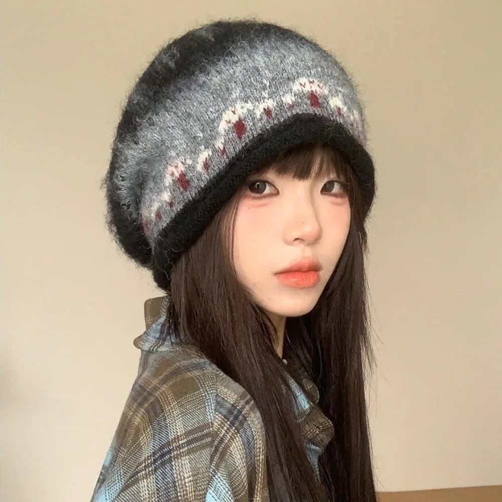 Retro Fair Isle Style Jacquard Knitted Hat Thickened Windproof Pullover Hat Oversized Winter Warm Beanies Hat For Women