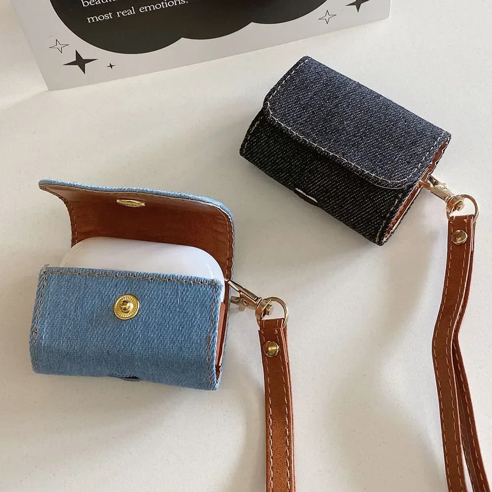2024 Nuovo modello in tessuto denim Borsa per auricolari per AirPods 4 2 3a generazione per AirPods Pro 2 Custodia di lusso con protezione per cordino anti-smarrimento