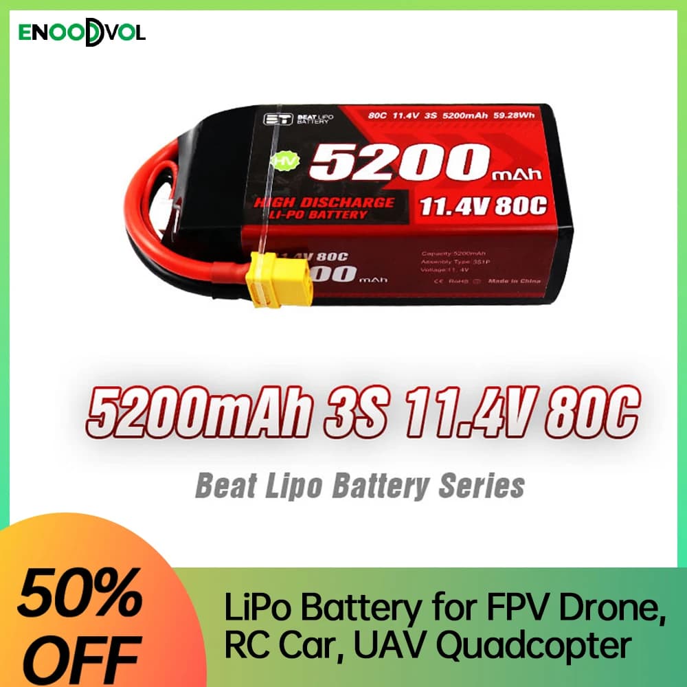 Batteria LiPo 3S 5200mAh 11.4V 80C Shorty Pack per Auto RC, Barche, Droni, Elicotteri RC, Modelli FPV Racing e Hobby