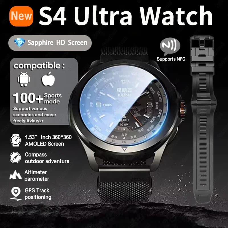 Nuovi orologi da uomo per sport all'aria aperta S4 Ultra Display AMOLED HD GPS Track Altimetro Frequenza cardiaca Chiamata Bluetooth Orologio intelligente impermeabile