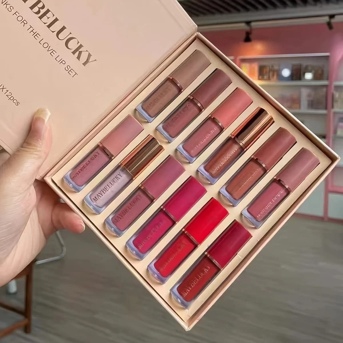 Set di 12 Lucidalabbra Stile Europeo e Americano Opaco Perlato Non Appiccicoso Rossetto Cangiante