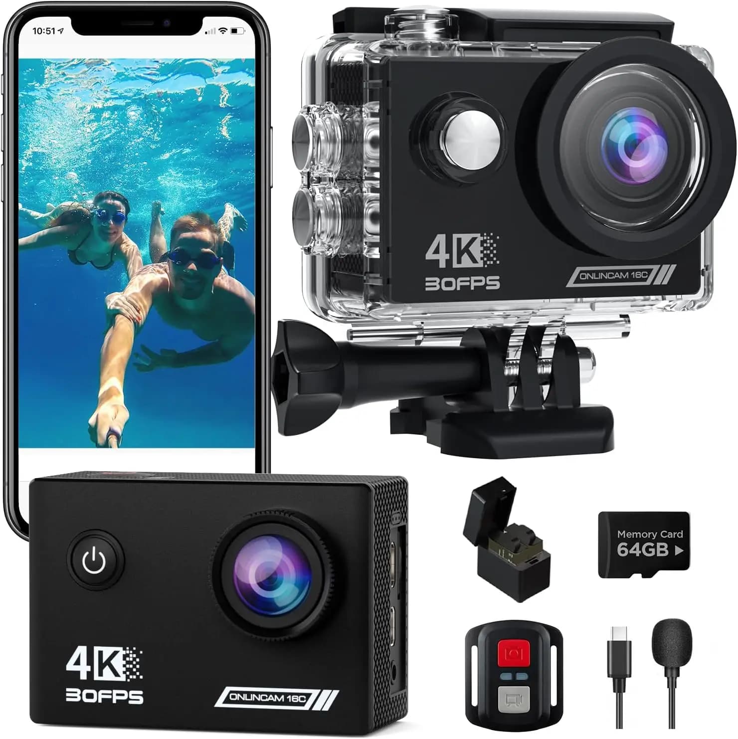 Action Camera 4K 30fps with 64GB SD Card, Waterproof HD Submarine Sports Camera, WiFi Remote Control, 170°C Mounting Kit for helmet View