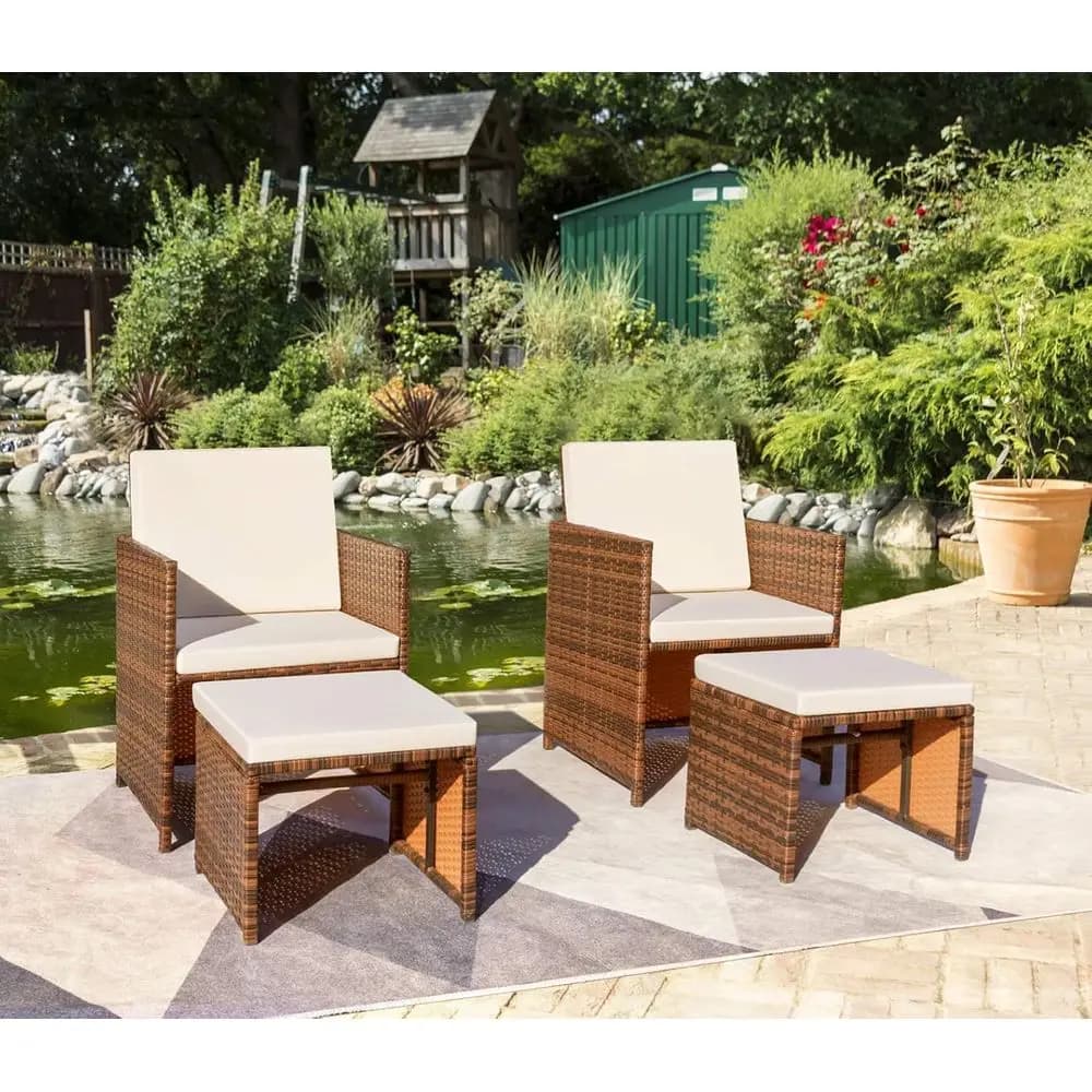 Set di mobili da esterno in vimini da 4 pezzi con sedie e pouf imbottiti per patio, balcone (Beige)