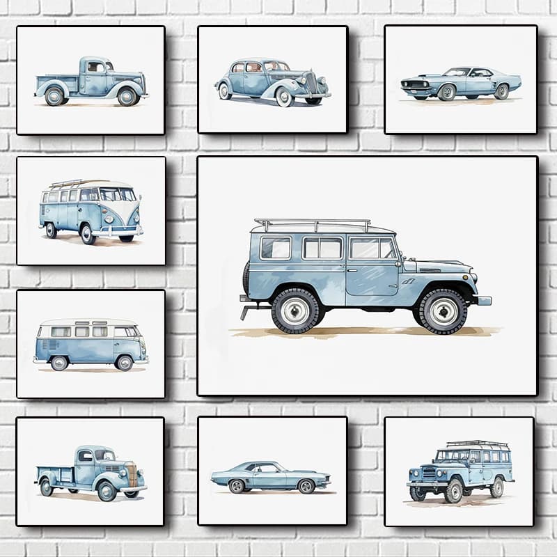 Classic Light Blue Car Vehicle Watercolor Art Retro Posters Prints Canvas Painting Wall Art Picture Living Room Home Decor
