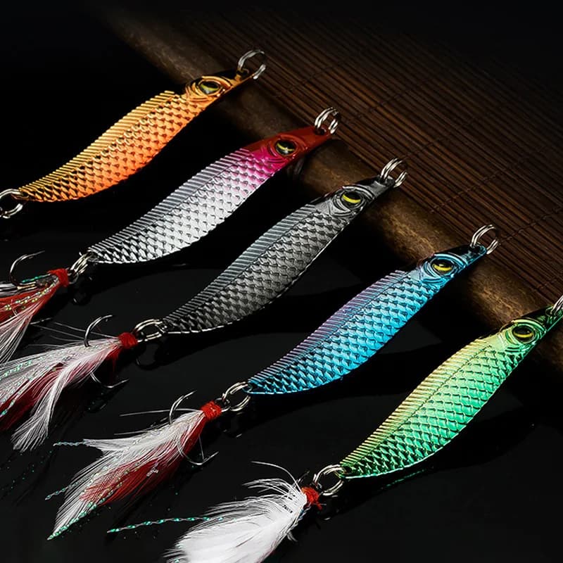 5 Pz / Box Cucchiaio Esche 10g 15g sequin Esca Dura Pesca Cucchiaio di Metal Wobbler Esche Metal 5 colori Feather Hook Fishing Equipment