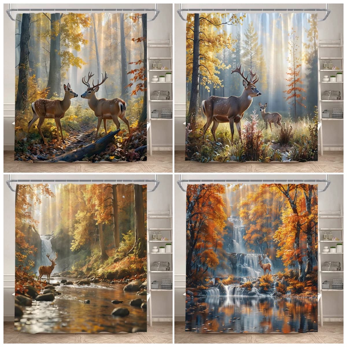 Autunno foresta alce tenda da doccia alberi di acero rosso rustico cascata animali selvatici autunno paesaggio tende da bagno decorazioni per il bagno di casa