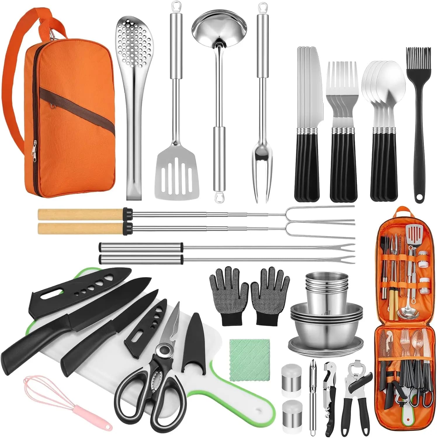 Set da Cucina da Campeggio 45 Pezzi - Utensili in Acciaio Inox e Silicone per Cucinare all'Aperto, BBQ, Picnic, Camper, Tenda