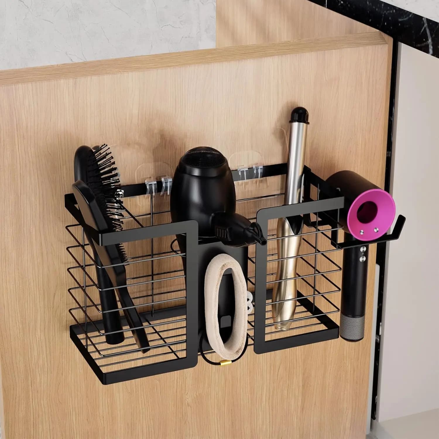 3-in-1 wall bracket in metal for hair dryer, plate and curler - Bathroom Organizer (Black)