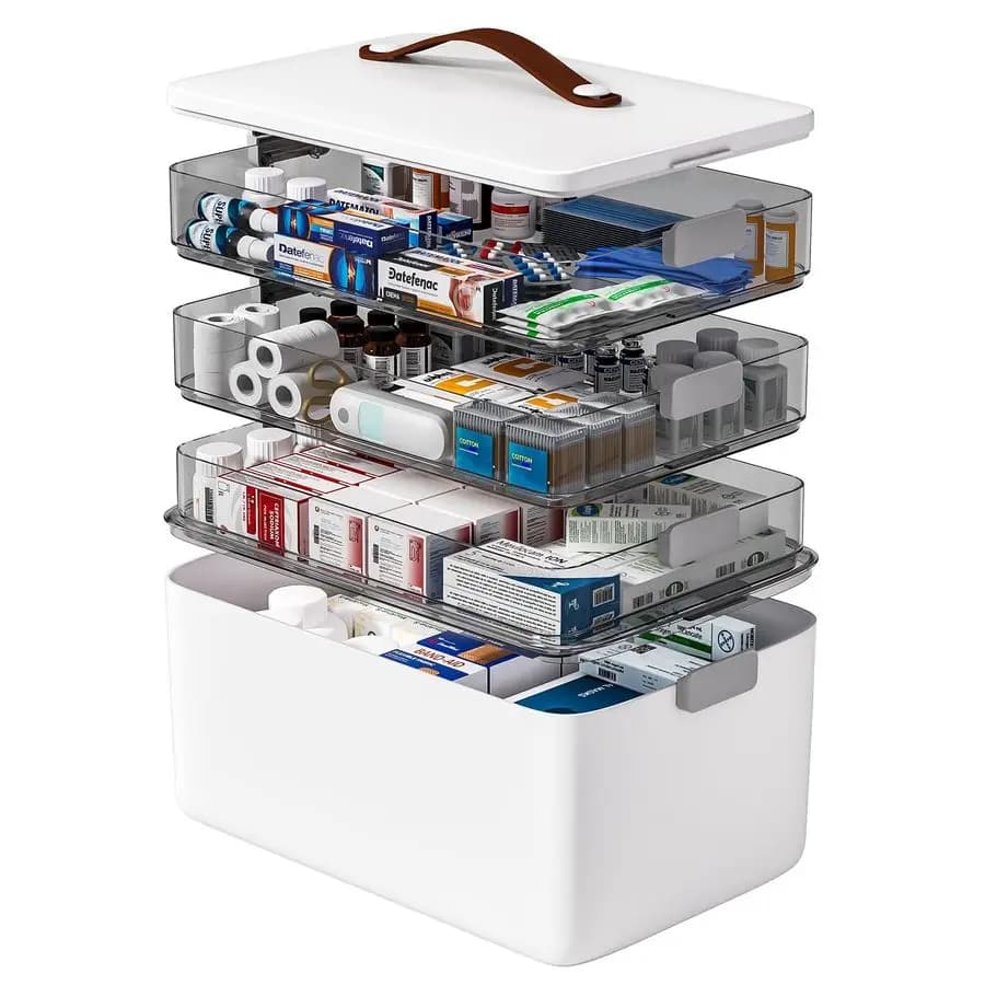 Organizzatore per medicinali a 4 livelli, portatile, vuoto, con maniglia, multiuso, per kit di pronto soccorso e forniture mediche, con R