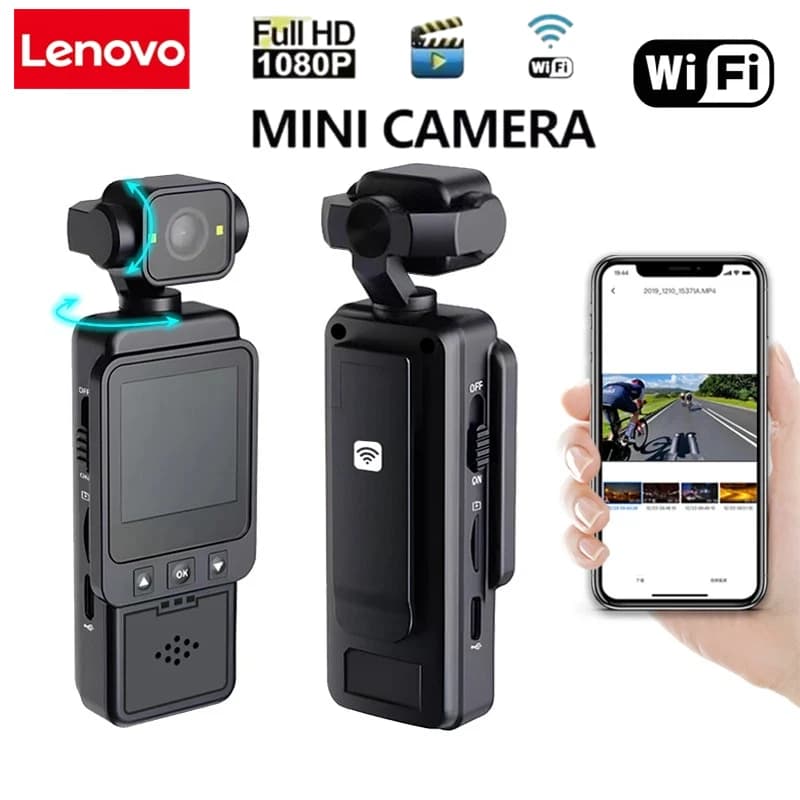 Videocamera Portatile Lenovo con Schermo LCD Frontale Touch e Schermi Posteriori, 4K 1080P Impermeabile, Angolo di Ripresa 180° ° Rotazione dello schermo