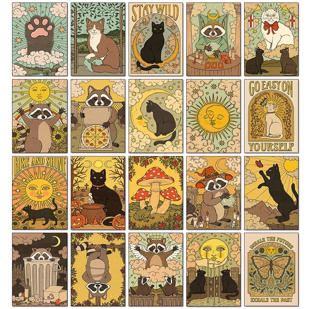 Quadro 5D Diamond Painting con Carte dei Tarocchi e Gatto, Ricamo a Punto Croce con Diamanti Completi, Mosaico Artistico di Animali Cartoni Animati, Decorazione per la Casa